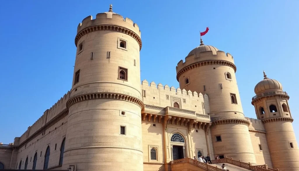 Generate an image of Surat Castle, a 16th-century monument with large round towers.