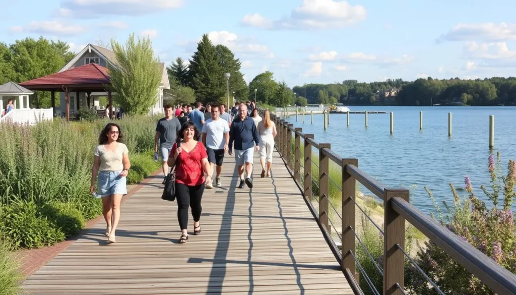 Generate an image of Sylvan Lake's lakefront boardwalk with people strolling and enjoying the scenery.