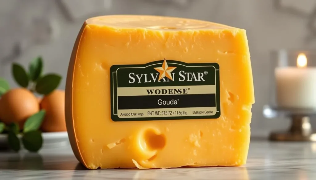 Generate an image of Sylvan Star Cheese's award-winning gouda cheese