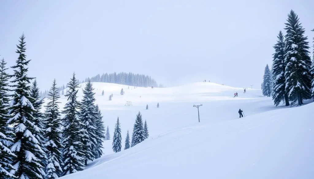 Generate an image of Tahko Ski Resort's slopes during snowfall.