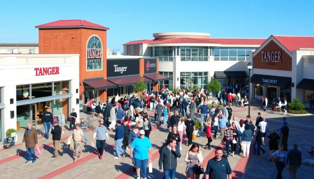 Generate an image of Tanger Outlets Rehoboth Delaware with a large number of shoppers browsing through various brand-name stores.
