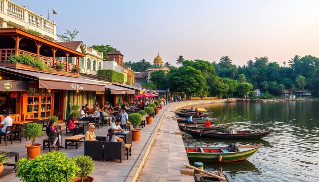 Generate an image of Tapi Riverfront Surat with cafes and lounges along the river