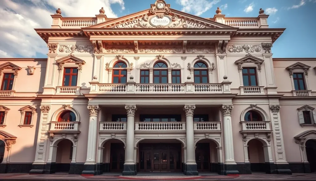 Generate an image of Teatro Armonía in Coro, Venezuela, capturing its elegant neoclassical architecture and ornate details.