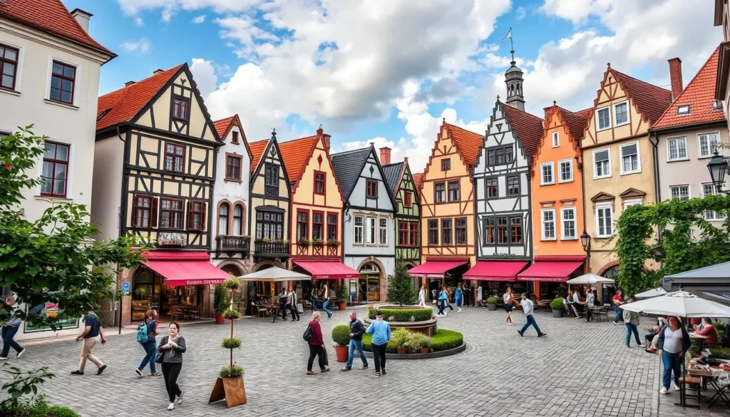 Generate an image of Telč's picturesque town square.