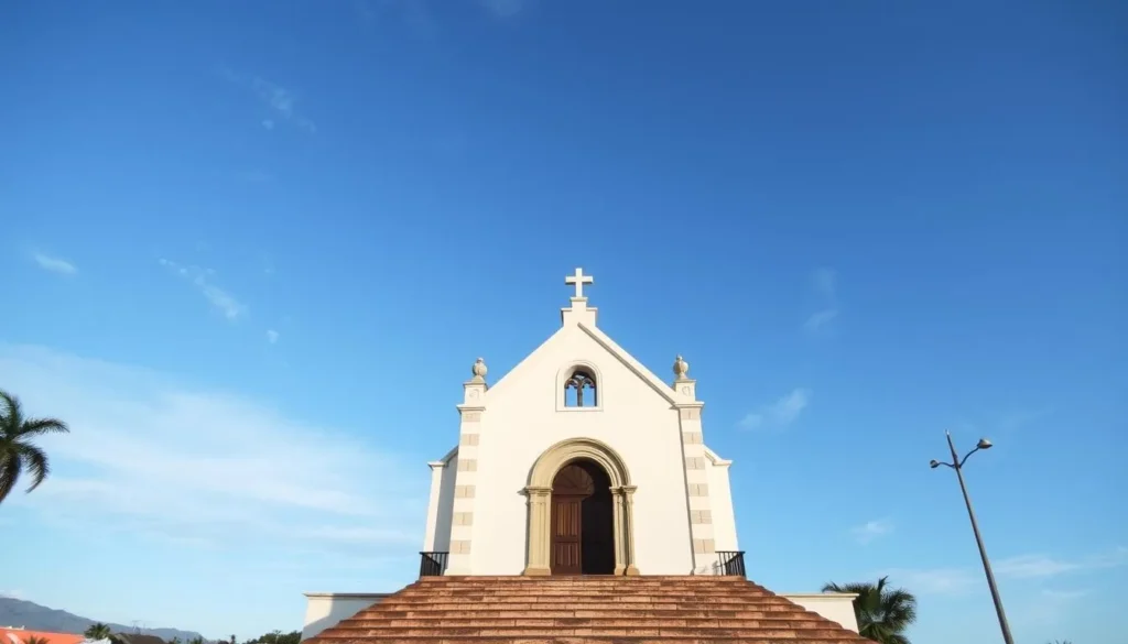 Generate an image of Templo de San Antonio in Piriapolis, showcasing its serene architecture and surroundings.