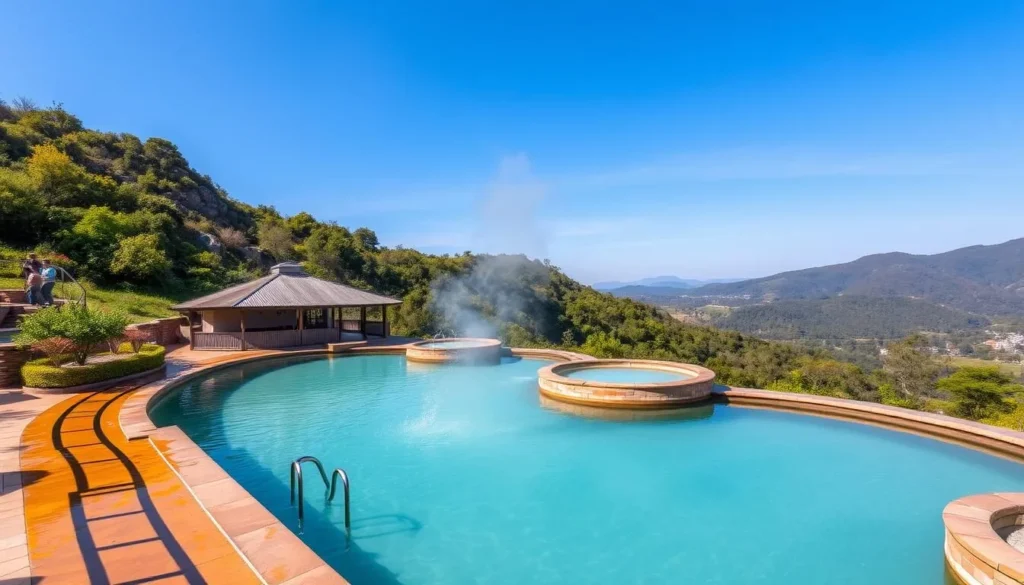 Generate an image of Termas de Arapey thermal resort, showcasing its elegant thermal pools and serene surroundings.