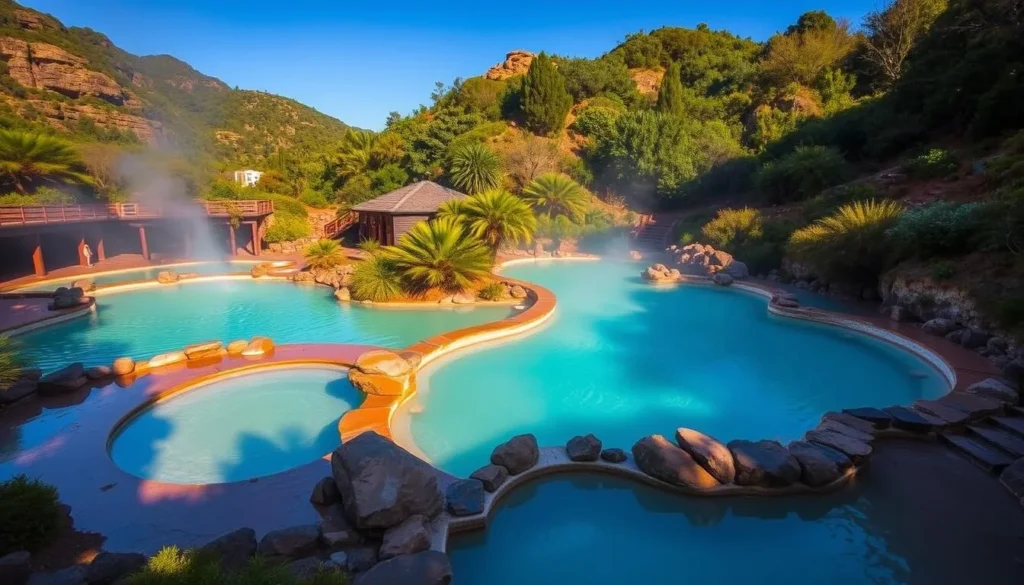 Generate an image of Termas del Daymán hot springs complex with thermal pools and lush surroundings.
