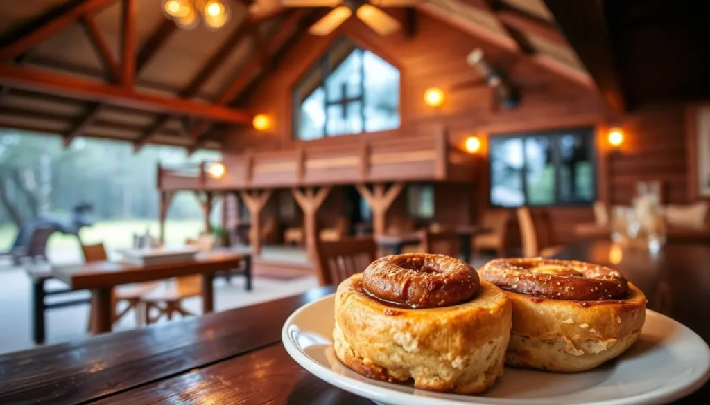 Generate an image of Tetsa River Lodge, highlighting its rustic charm and a plate of freshly baked cinnamon rolls.