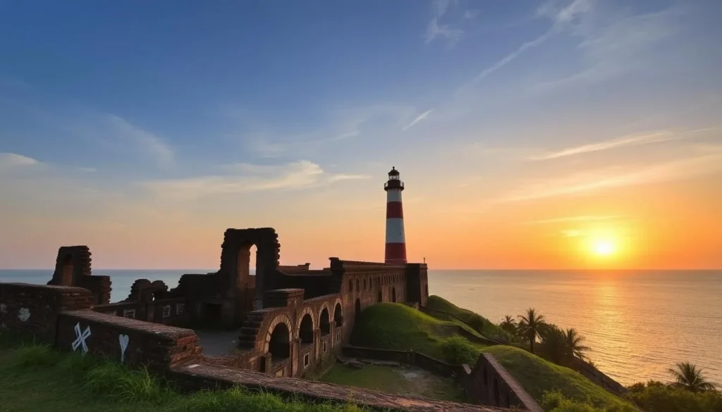 Generate an image of Thangassery Fort's ruins with the lighthouse in the background, overlooking the Arabian Sea.