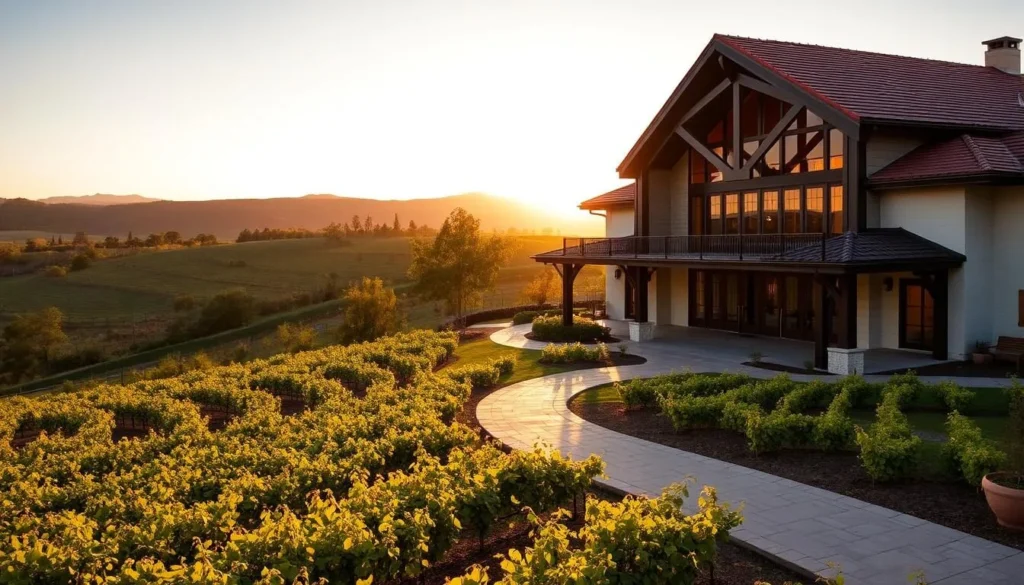Generate an image of Thaya Winery's architecture and its vineyards.