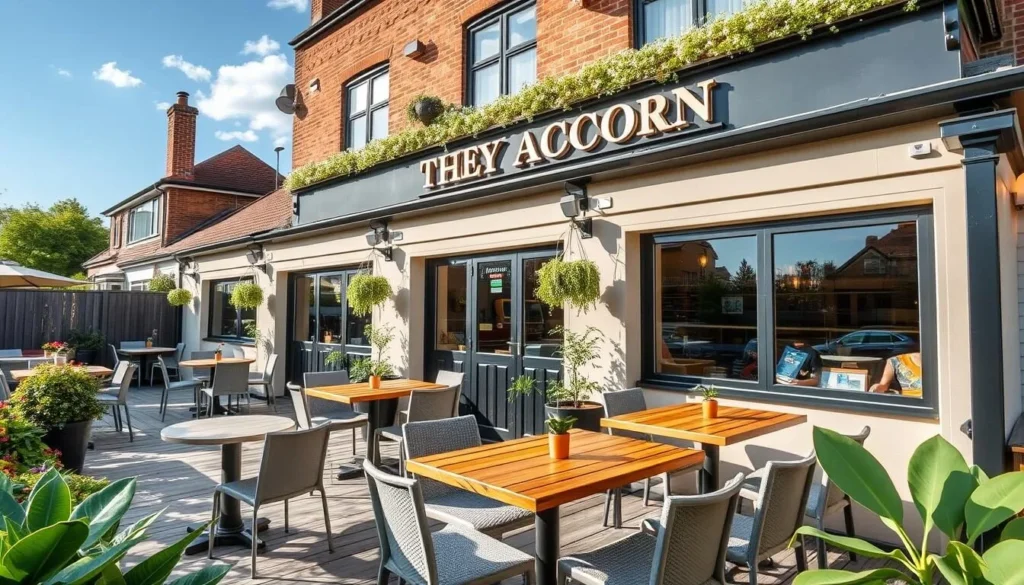 Generate an image of The Acorn pub in Longbridge Road, Barking, showcasing its modern and comfy outdoor pub garden seating.