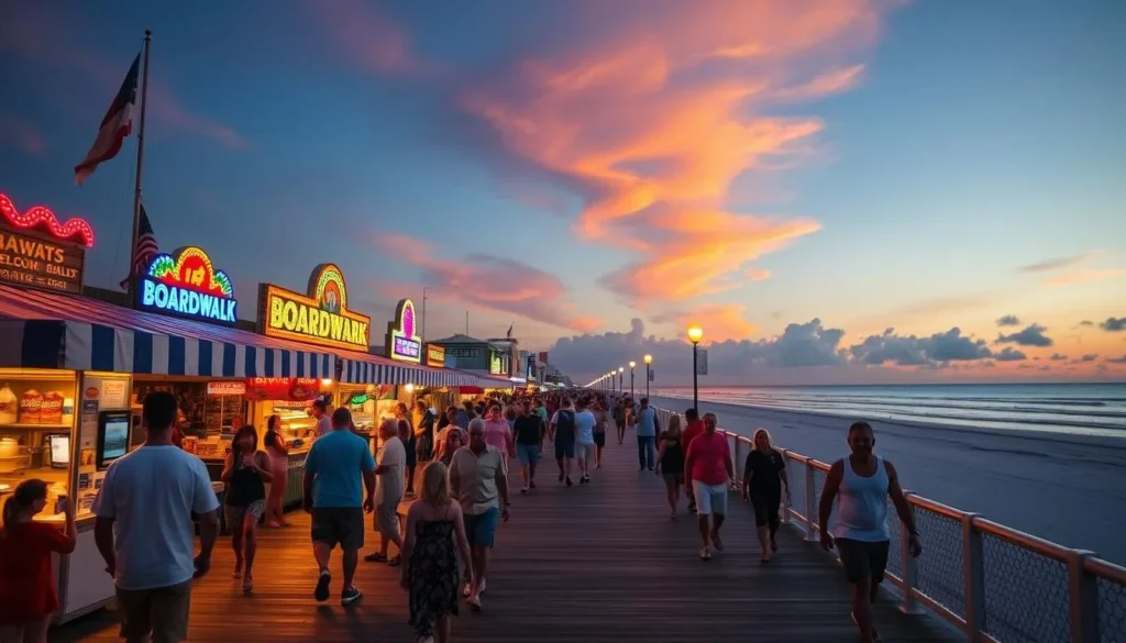 Generate an image of The Boardwalk Okaloosa Island at sunset with people strolling and enjoying food.