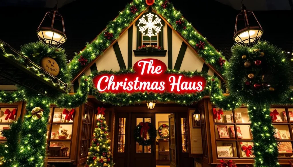 Generate an image of The Christmas Haus, highlighting its festive atmosphere and German-inspired Christmas decorations.