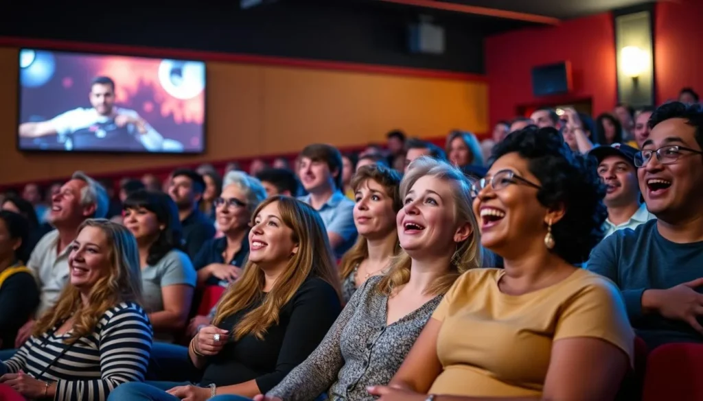 Generate an image of The Ealing Project's cinema with a diverse audience enjoying a film screening.