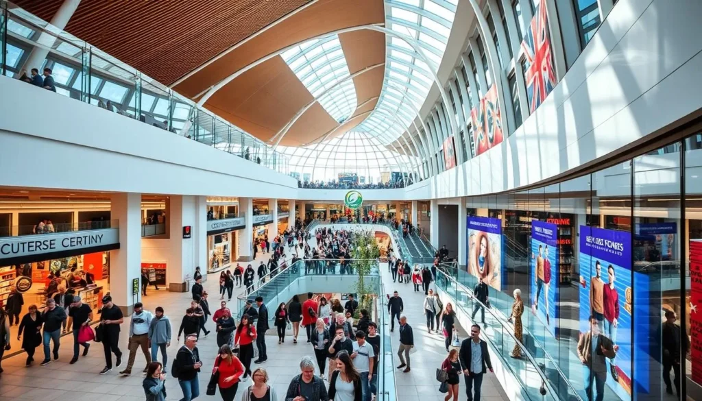 Generate an image of The Glades Shopping Centre in Bromley, showcasing its modern architecture and bustling interior.