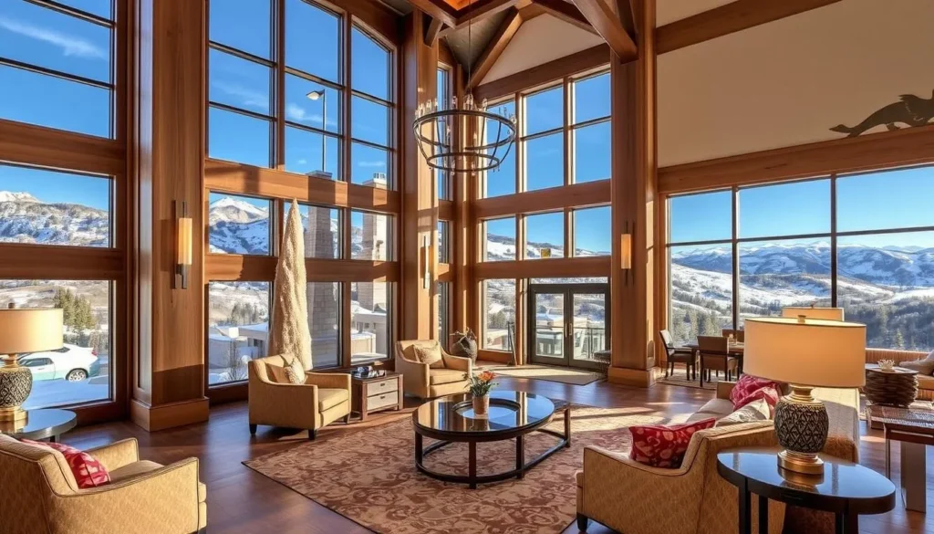 Generate an image of The Osprey at Beaver Creek, A RockResort, showcasing its luxurious lobby and mountain views.