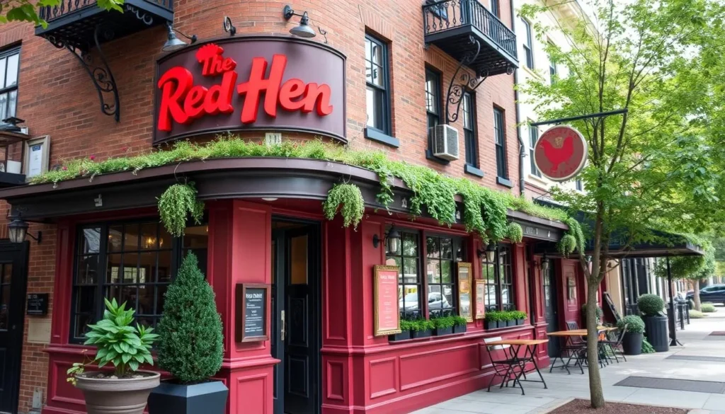 Generate an image of The Red Hen restaurant's exterior in Bloomingdale, Washington DC.