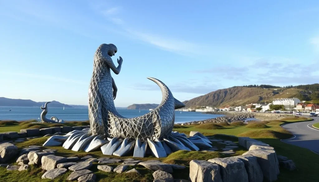 Generate an image of The Rising Tide sculpture in Haugesund, Norway, showcasing its intricate design and coastal surroundings.