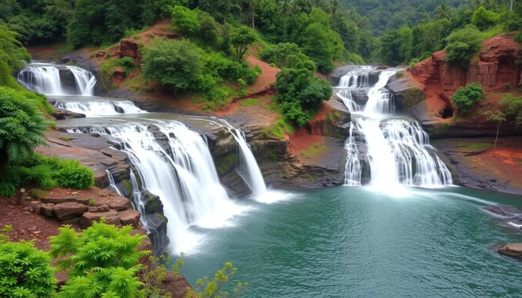 Generate an image of Thusharagiri Waterfalls in Kozhikode, Kerala, with the Chalippuzha River splitting into three distinct waterfalls.