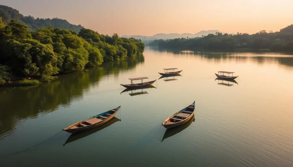 Generate an image of Tilyar Lake with boats and a serene atmosphere.