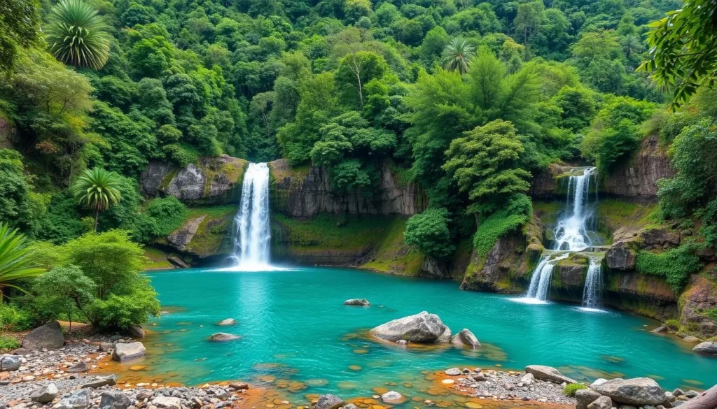 Generate an image of Tingo Maria National Park, highlighting its diverse ecosystems, including dense rainforest, river valleys, caves, waterfalls, and lagoons.