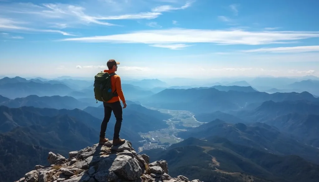 Generate an image of Tok Mountain with a hiker standing at the summit, enjoying panoramic views.
