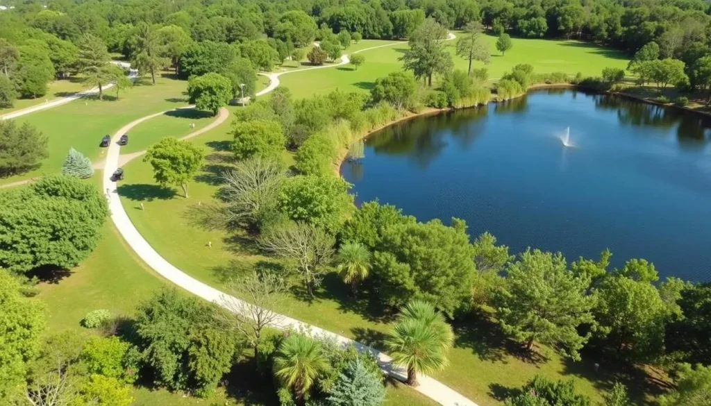Generate an image of Tony Schmidt Regional Park with a serene lake view and walking trails. Generate an image of Tony Schmidt Regional Park with a serene lake view and walking trails.