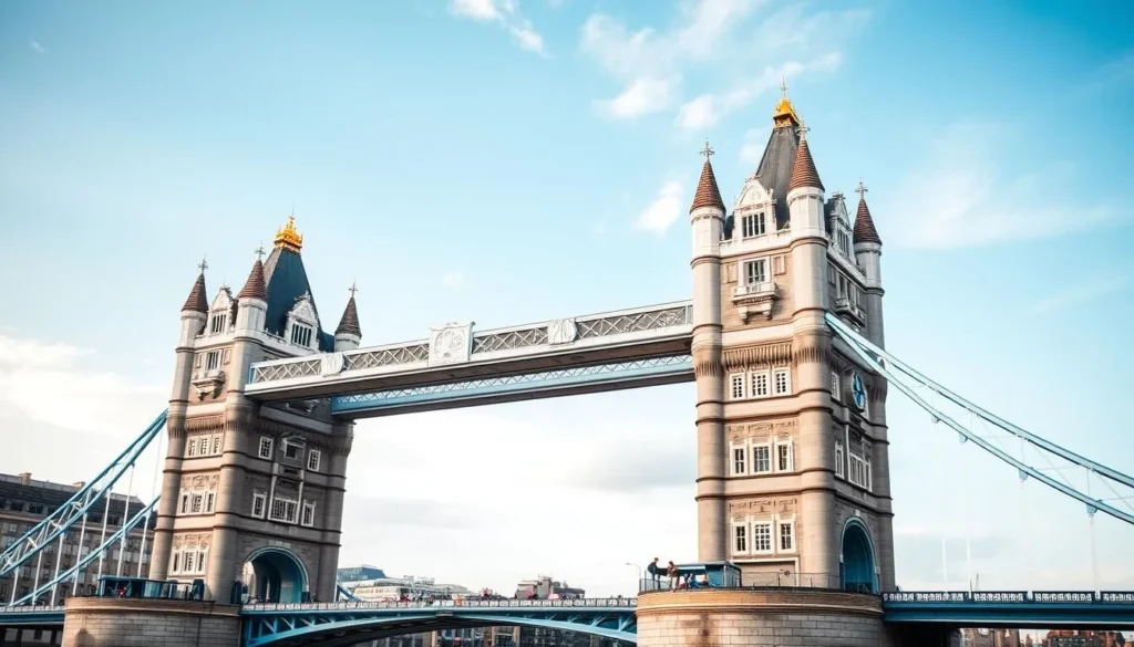 Generate an image of Tower Bridge with its iconic towers and lifting central section.