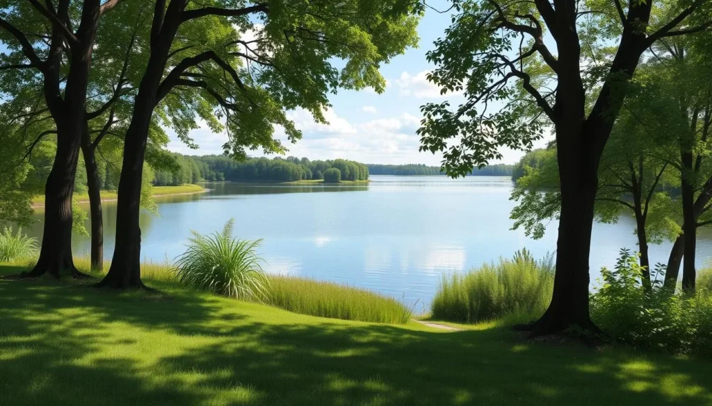 Generate an image of Trakai Historical National Park's serene landscape with Lake Galvė in the foreground.