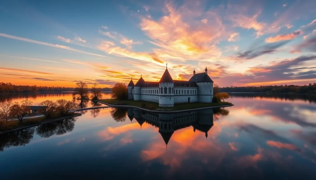 Generate an image of Trakai Island Castle at sunrise