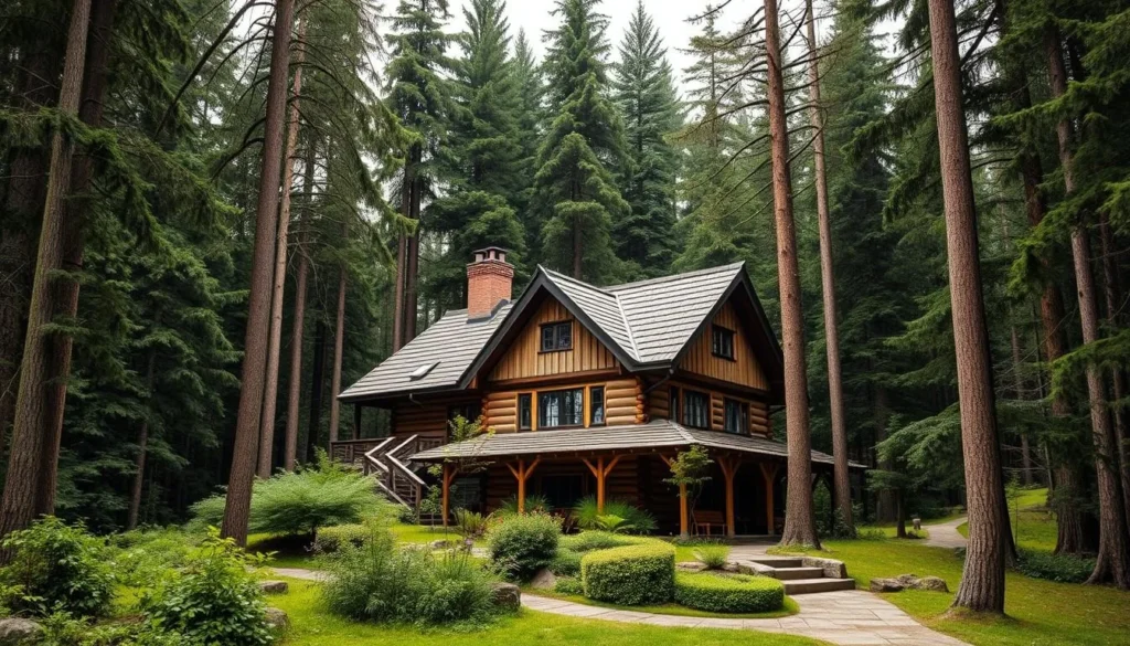 Generate an image of Tři Trubky Hunter's Lodge, a historic lodge in the heart of a forest.