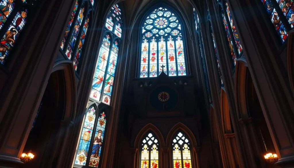 Generate an image of Trinity Church, highlighting its beautiful stained glass windows and enchanting interior.