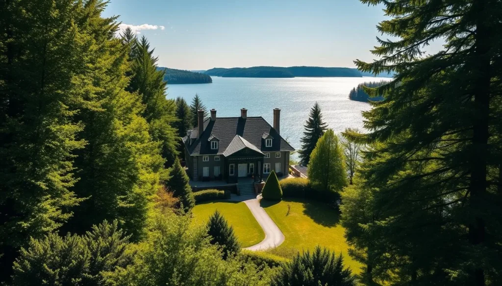 Generate an image of Troldhaugen, Edvard Grieg's villa, nestled among the trees with Lake Nordås in the background.