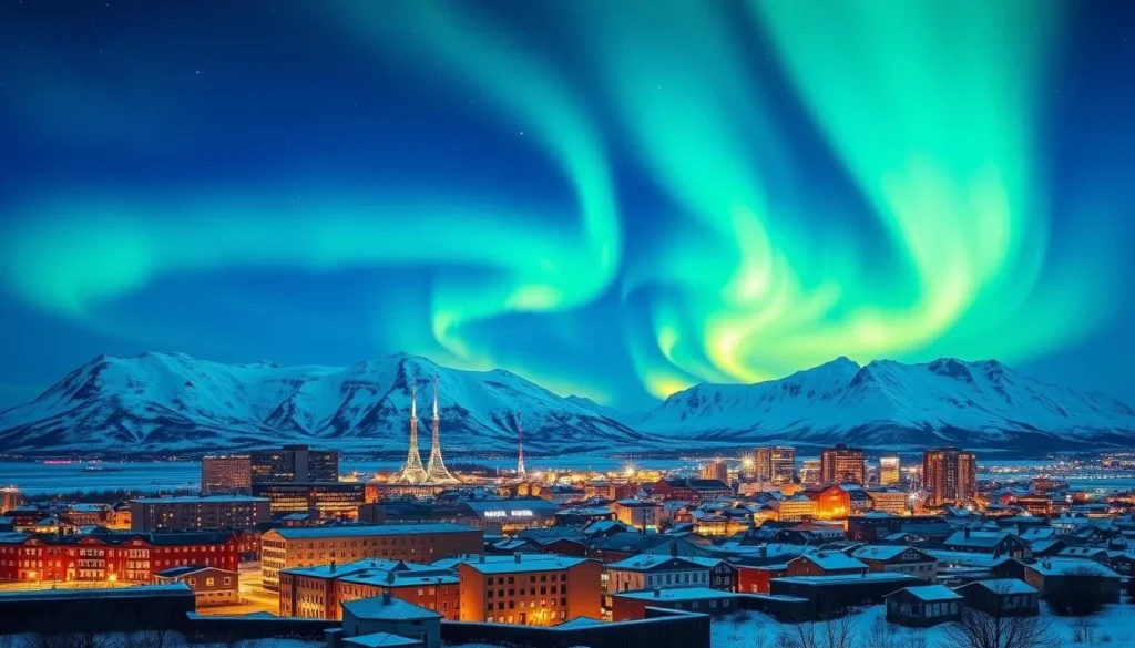 Generate an image of Tromsø cityscape with a backdrop of snow-capped mountains and the Northern Lights.