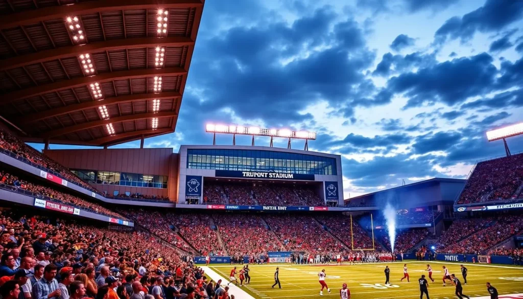 Generate an image of Truist Point Stadium, capturing its modern architecture and lively atmosphere during a sporting event.