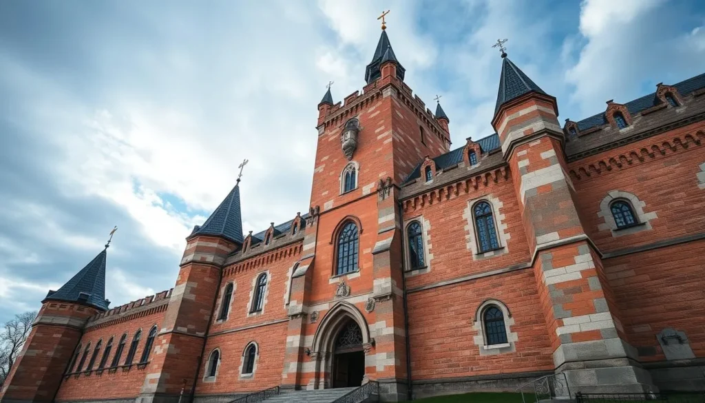 Generate an image of Turku Castle's imposing facade with its granite walls and Gothic architecture.