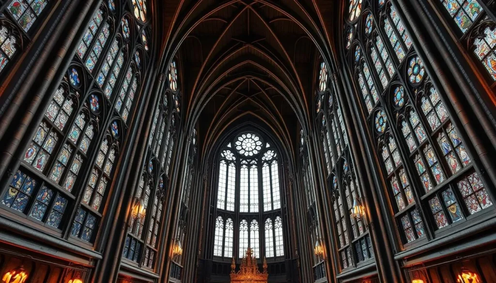 Generate an image of Turku Cathedral's interior, highlighting its stunning stained-glass windows and Gothic architecture.