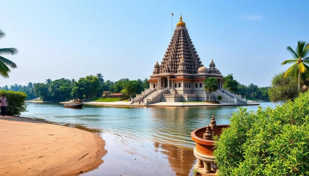 Generate an image of Umananda Temple on Peacock Island, with a boat approaching the shore.