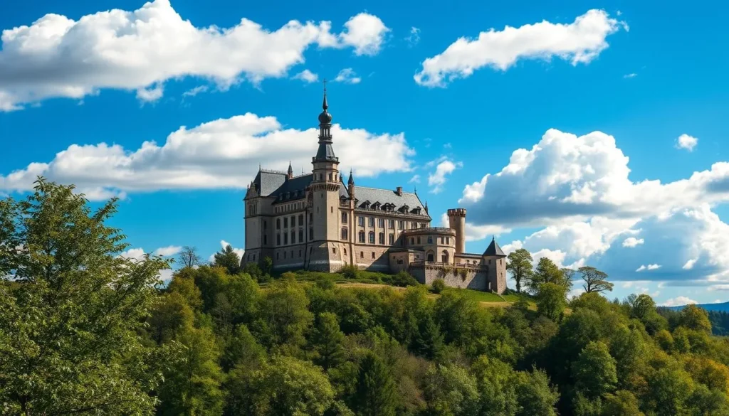 Generate an image of Uppsala Castle standing majestically on a hill, with a clear blue sky in the background.