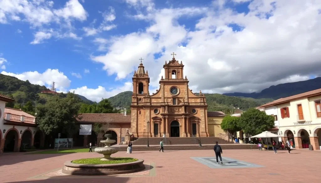 Generate an image of Urubamba's Plaza de Armas, with the San Pedro Church in the background.