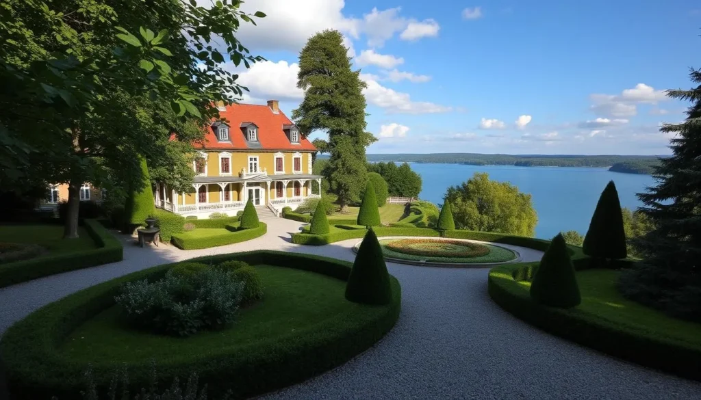 Generate an image of Užutrakis Manor Estate with its elegant gardens and lake views.