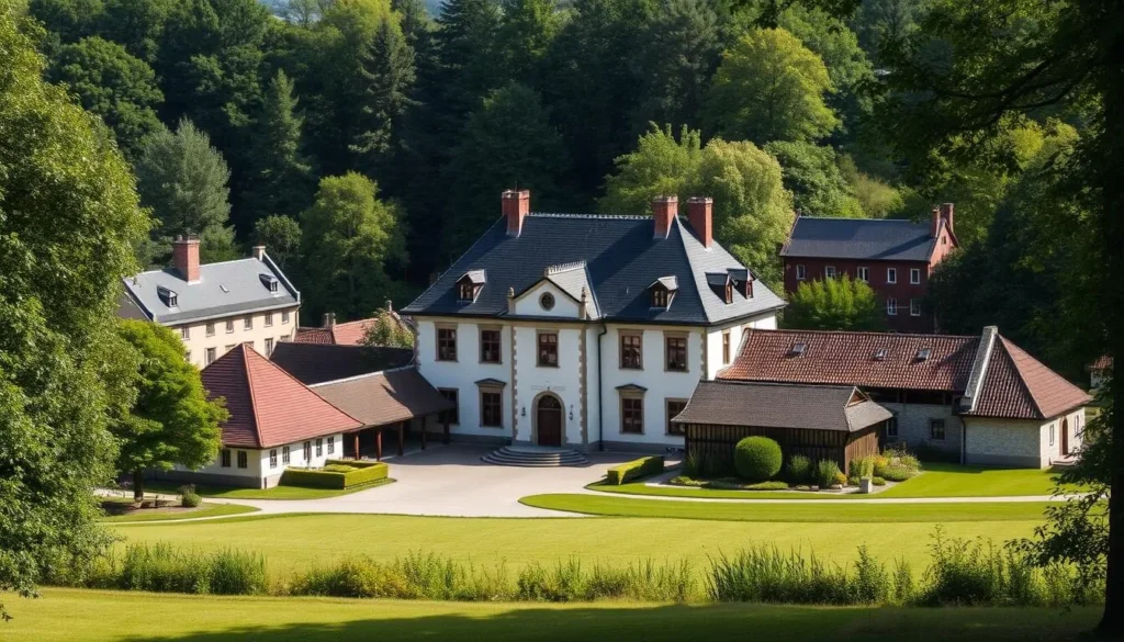 Generate an image of Vallby Sörgården Cultural Reserve's manor house and farm buildings