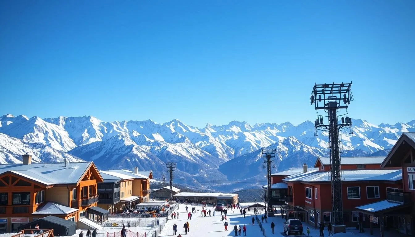 Generate an image of Valle Nevado ski resort with snow-capped mountains in the background.