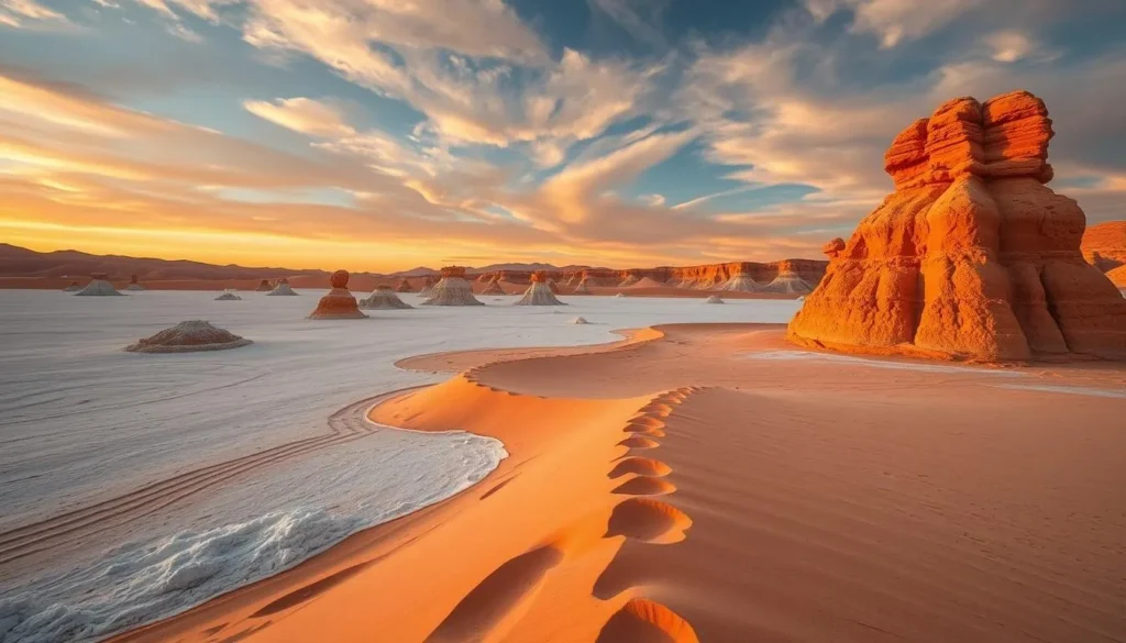 Generate an image of Valle de la Luna at sunset with the salt formations and sand dunes illuminated in golden light.