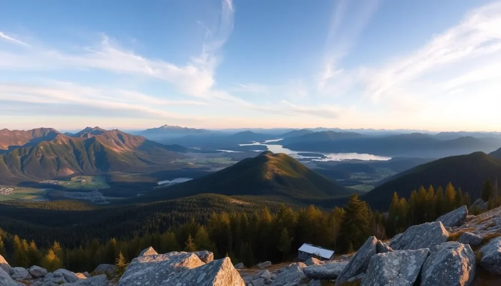 Generate an image of Varden Viewpoint with a panoramic view of Molde and its 222 mountain peaks.