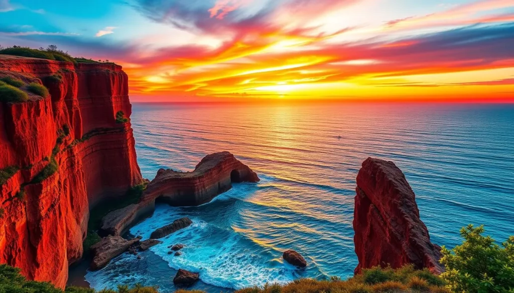 Generate an image of Varkala Beach with its dramatic red cliffs rising above the Arabian Sea.