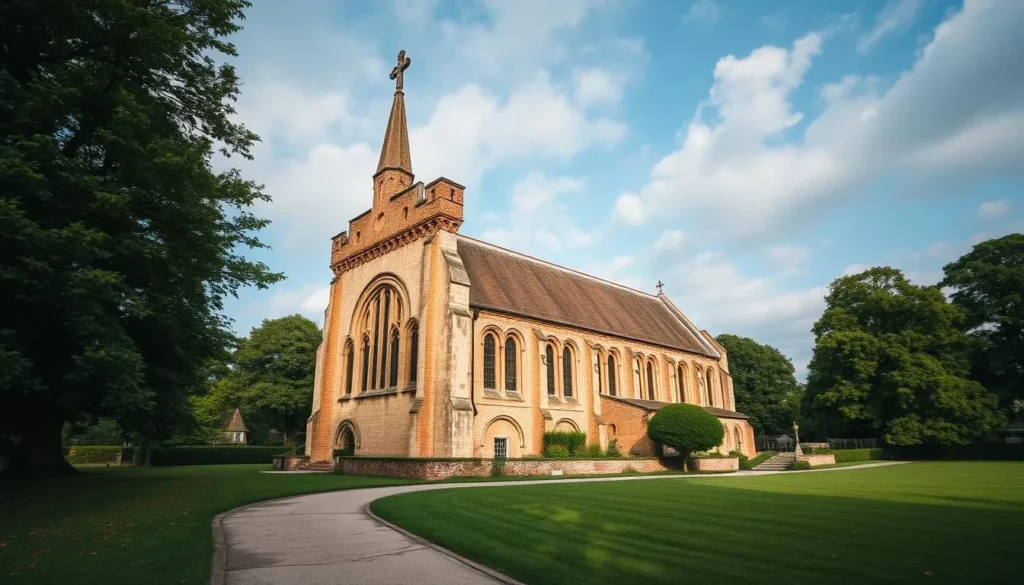 Generate an image of Varnhem Abbey Church, showcasing its Romanesque architecture and serene surroundings.