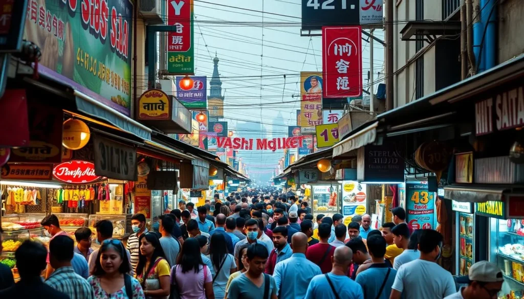 Generate an image of Vashi Market Food Street with a bustling atmosphere and variety of street food.