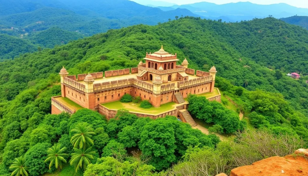 Generate an image of Vasota Fort, nestled deep within the Koyna Wildlife Sanctuary.