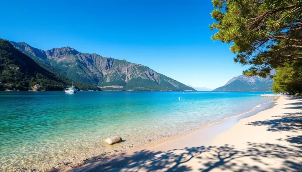 Generate an image of Vaulen Beach with calm waters and surrounding mountains.